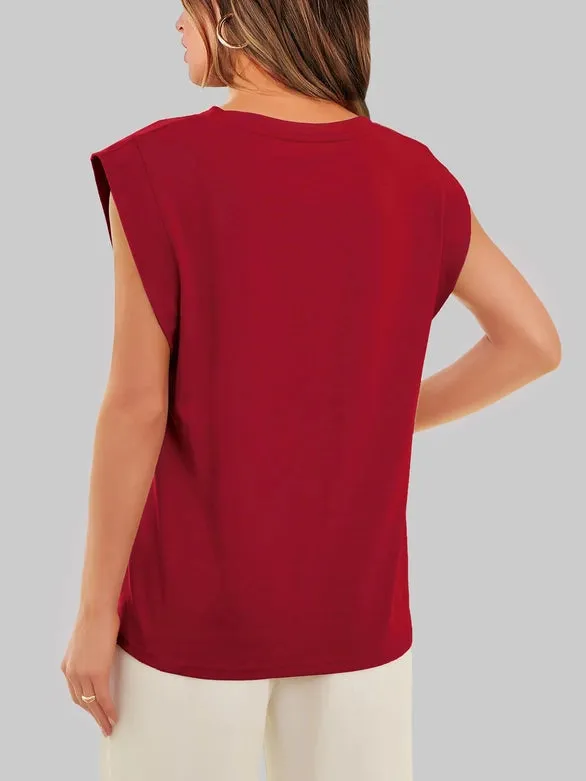 Round Neck Cap Sleeve Cami Base Tank Top Loose Basic Vest Burgundy