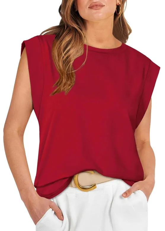 Round Neck Cap Sleeve Cami Base Tank Top Loose Basic Vest Burgundy