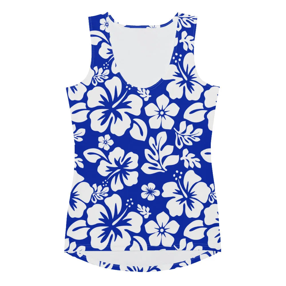 Royal Blue and White Hawaiian Flowers Women's Athletic Swim Tank Top