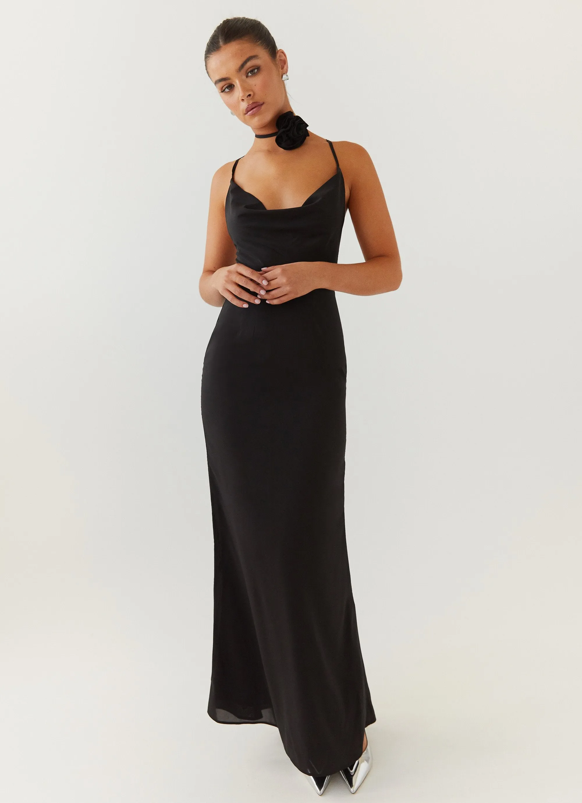 Royal Charm Rose Maxi Dress - Black