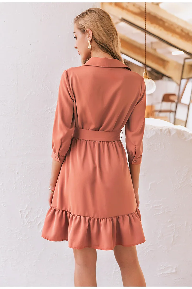 Ruffled Spring Three Quarter Sleeve Belt Office Retro O-neck A-line Summer Dress