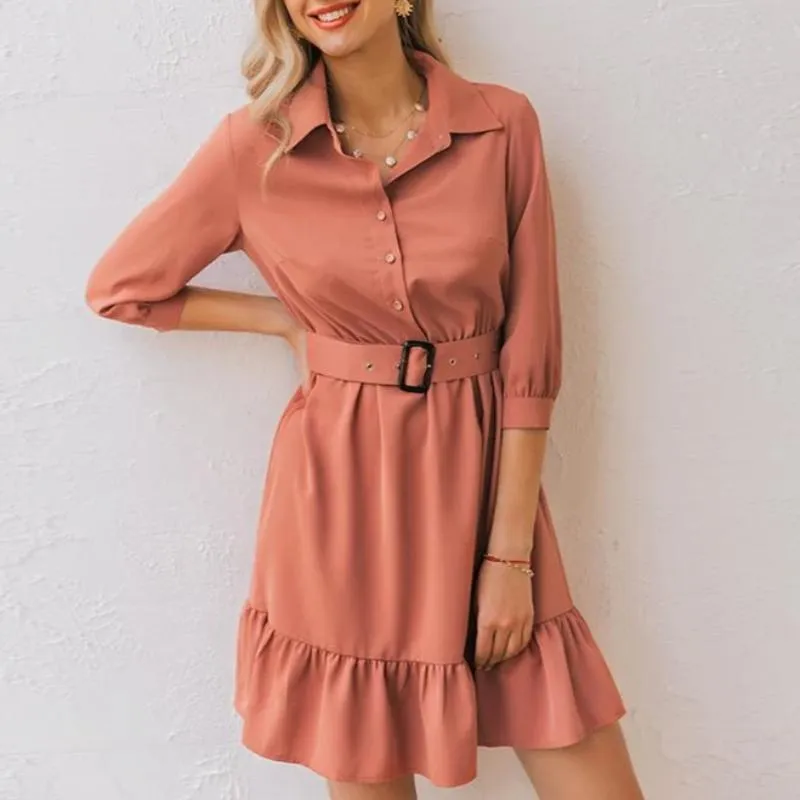 Ruffled Spring Three Quarter Sleeve Belt Office Retro O-neck A-line Summer Dress