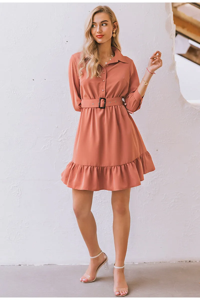 Ruffled Spring Three Quarter Sleeve Belt Office Retro O-neck A-line Summer Dress