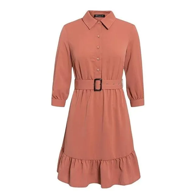 Ruffled Spring Three Quarter Sleeve Belt Office Retro O-neck A-line Summer Dress