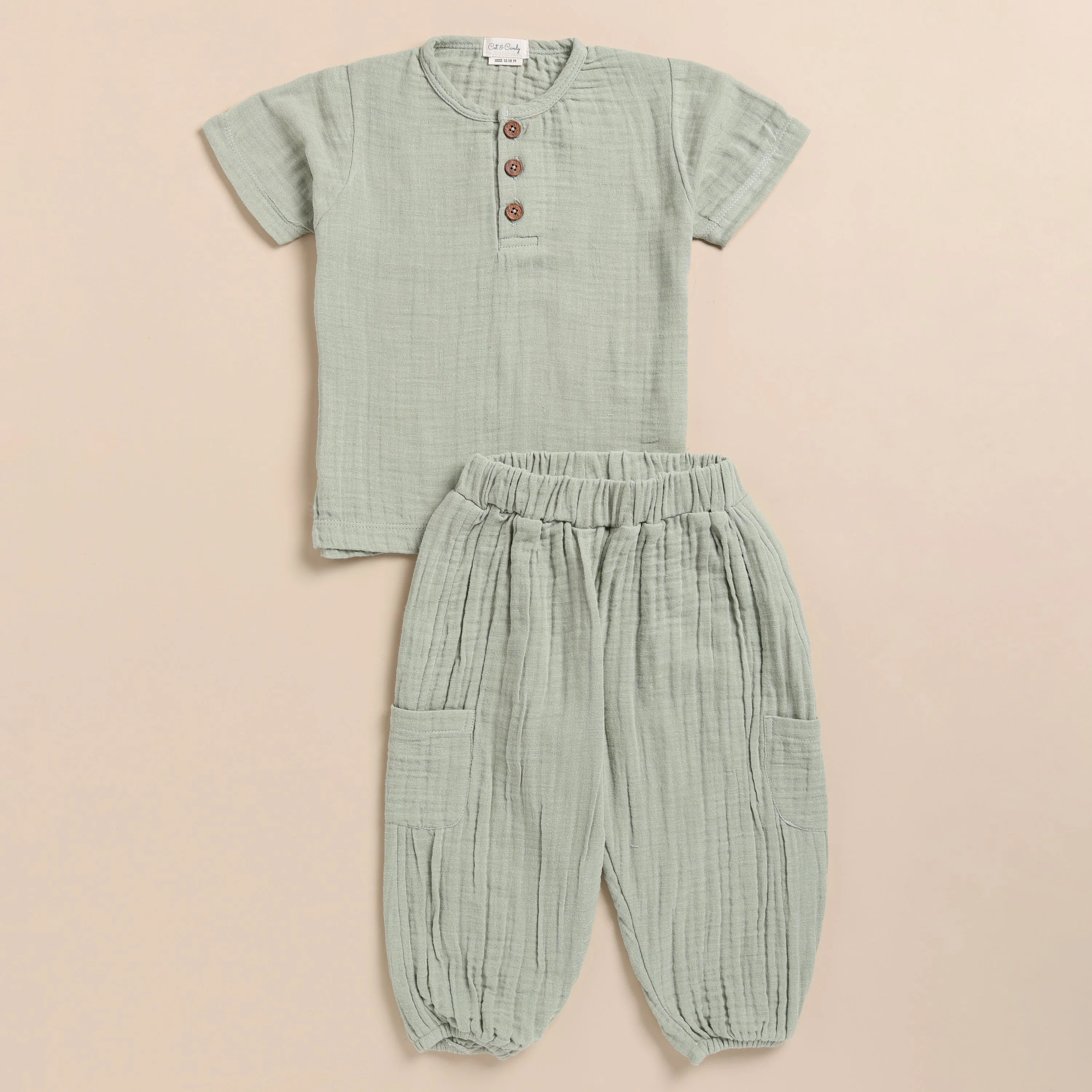 Sage Organic Muslin Short Sleeve Henley Tshirt With Lounge Pant Set