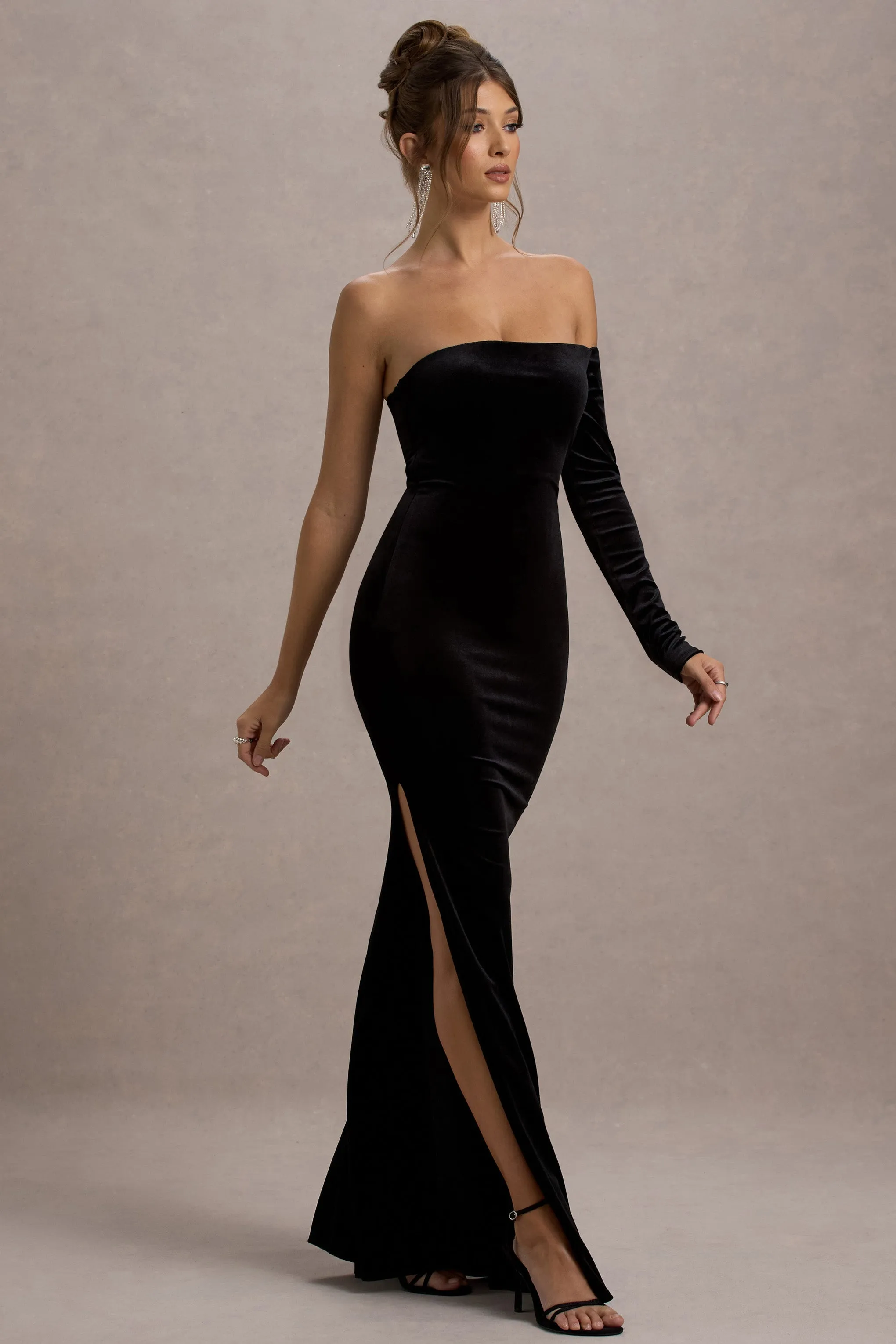 Sandrine | Black Velvet One-Sleeve Fishtail Maxi Dress