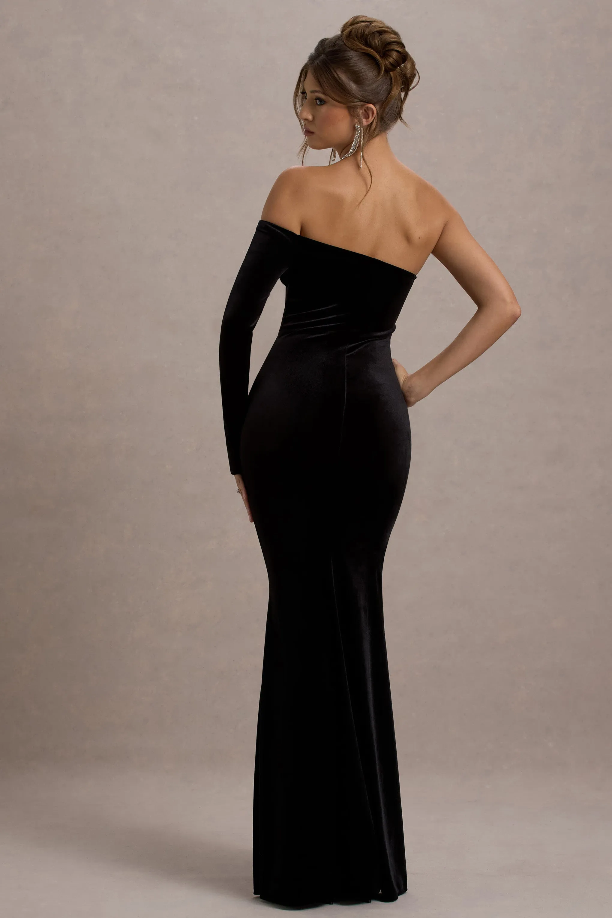 Sandrine | Black Velvet One-Sleeve Fishtail Maxi Dress