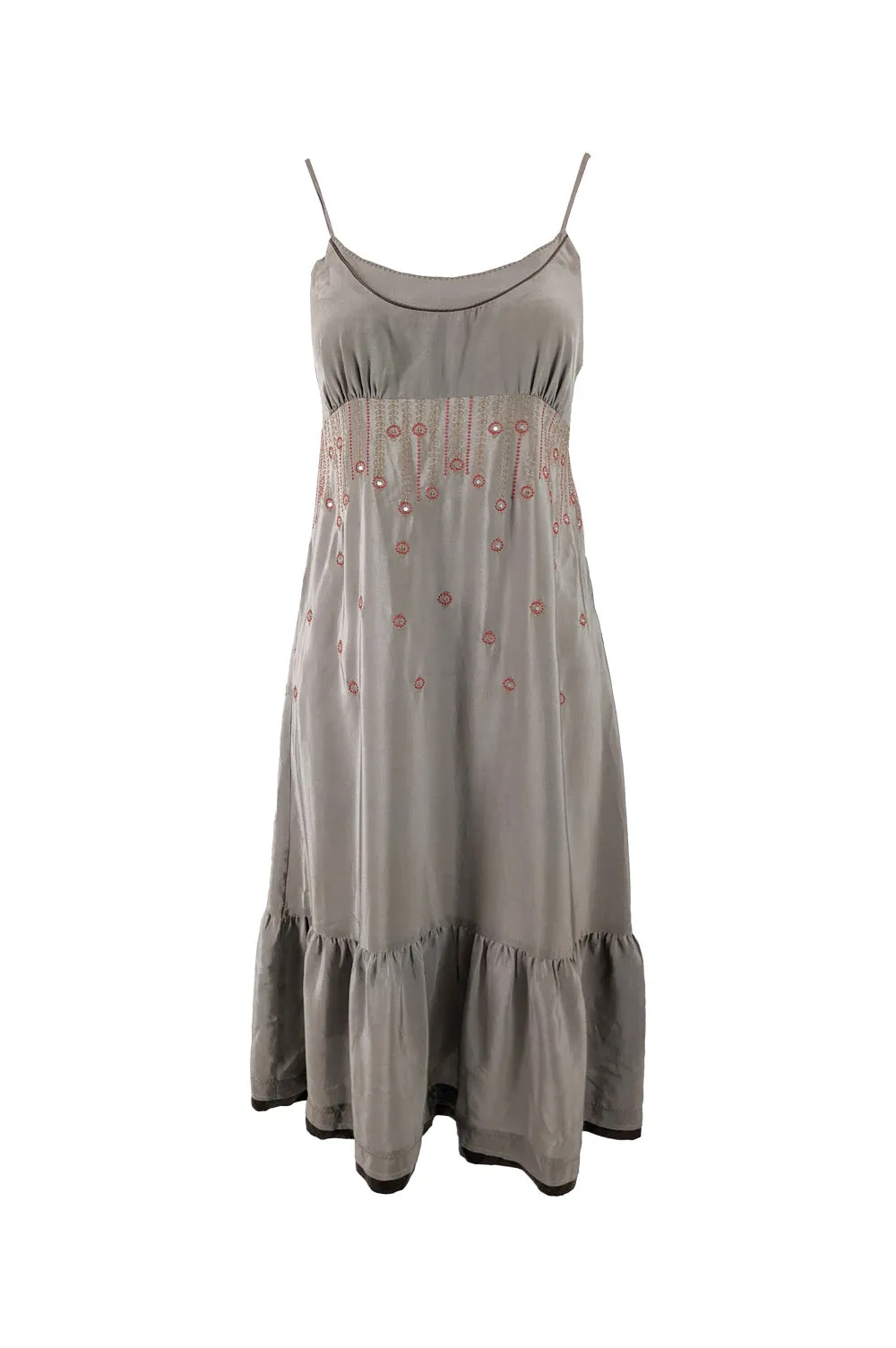 Sandro Paris Vintage y2k Taupe Silk Embroidered Dress, 2000s