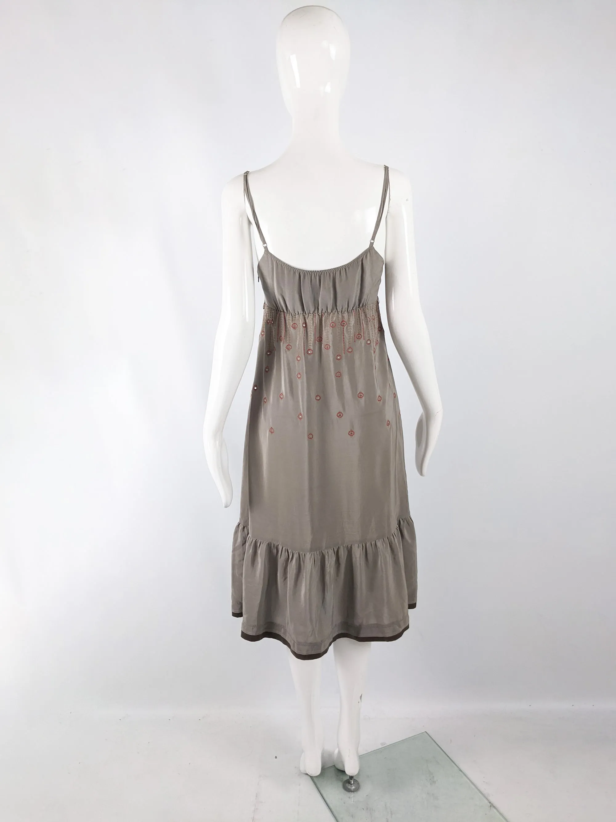 Sandro Paris Vintage y2k Taupe Silk Embroidered Dress, 2000s