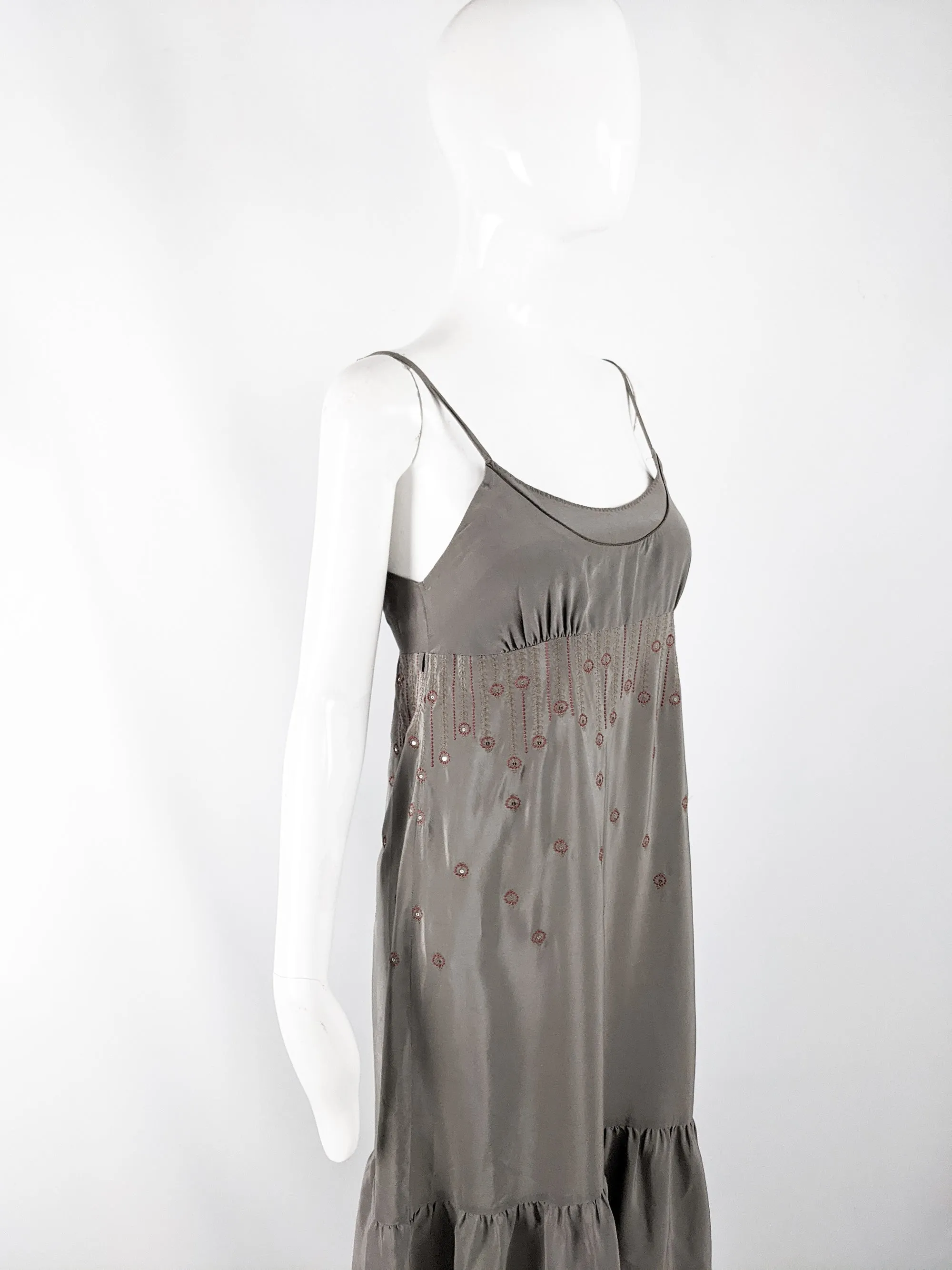 Sandro Paris Vintage y2k Taupe Silk Embroidered Dress, 2000s