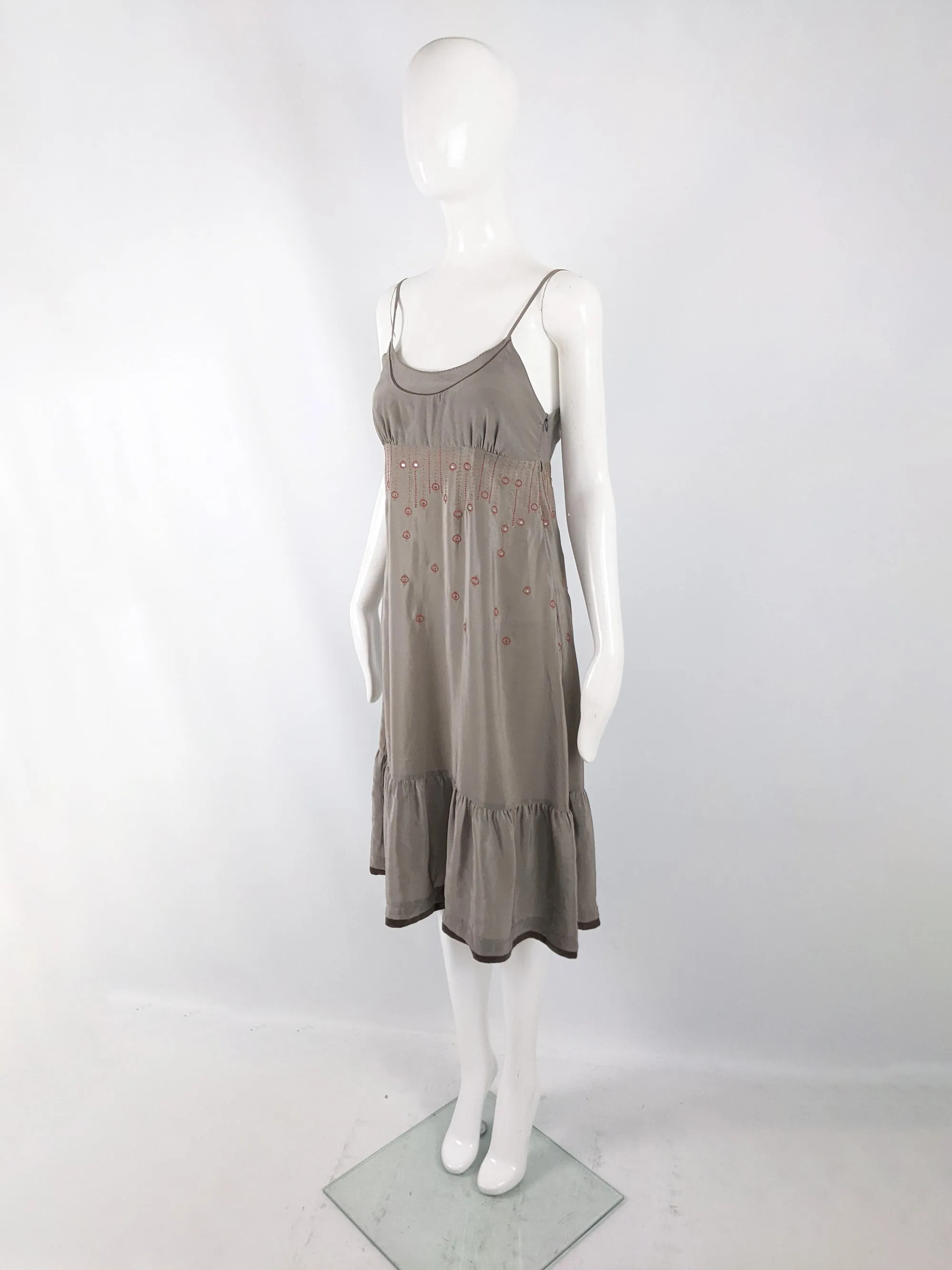 Sandro Paris Vintage y2k Taupe Silk Embroidered Dress, 2000s