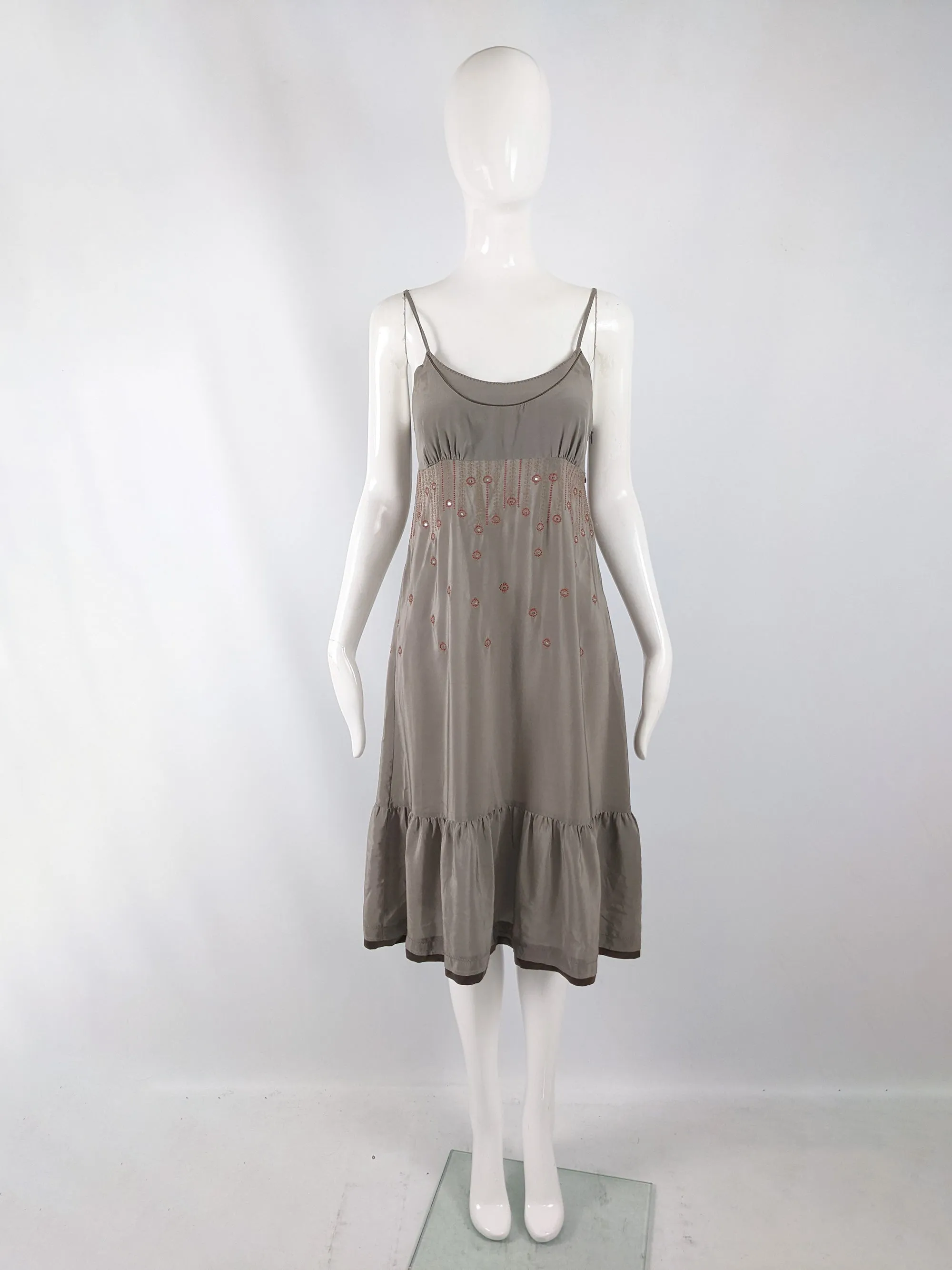 Sandro Paris Vintage y2k Taupe Silk Embroidered Dress, 2000s