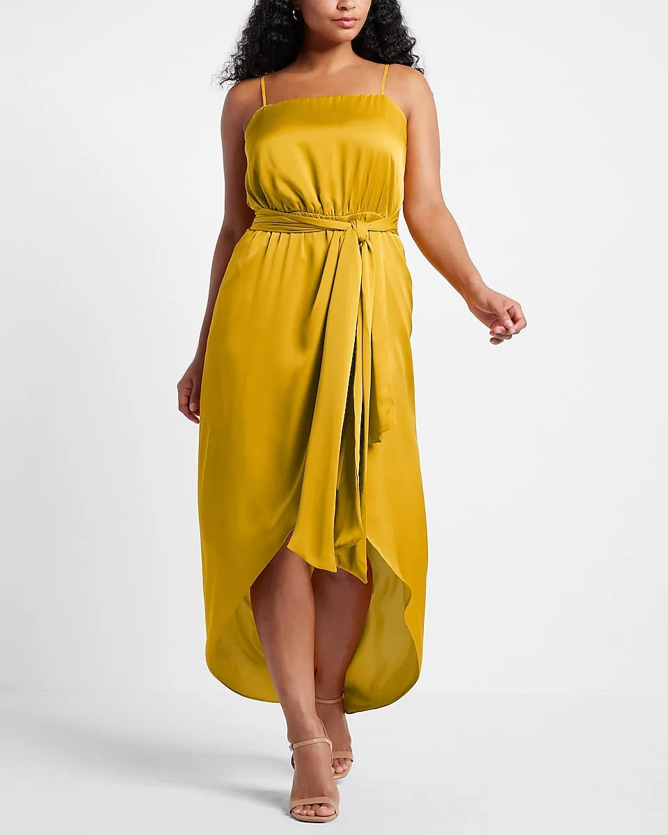 Satin Belted Hi-Lo Maxi Dress in Golden Yellow