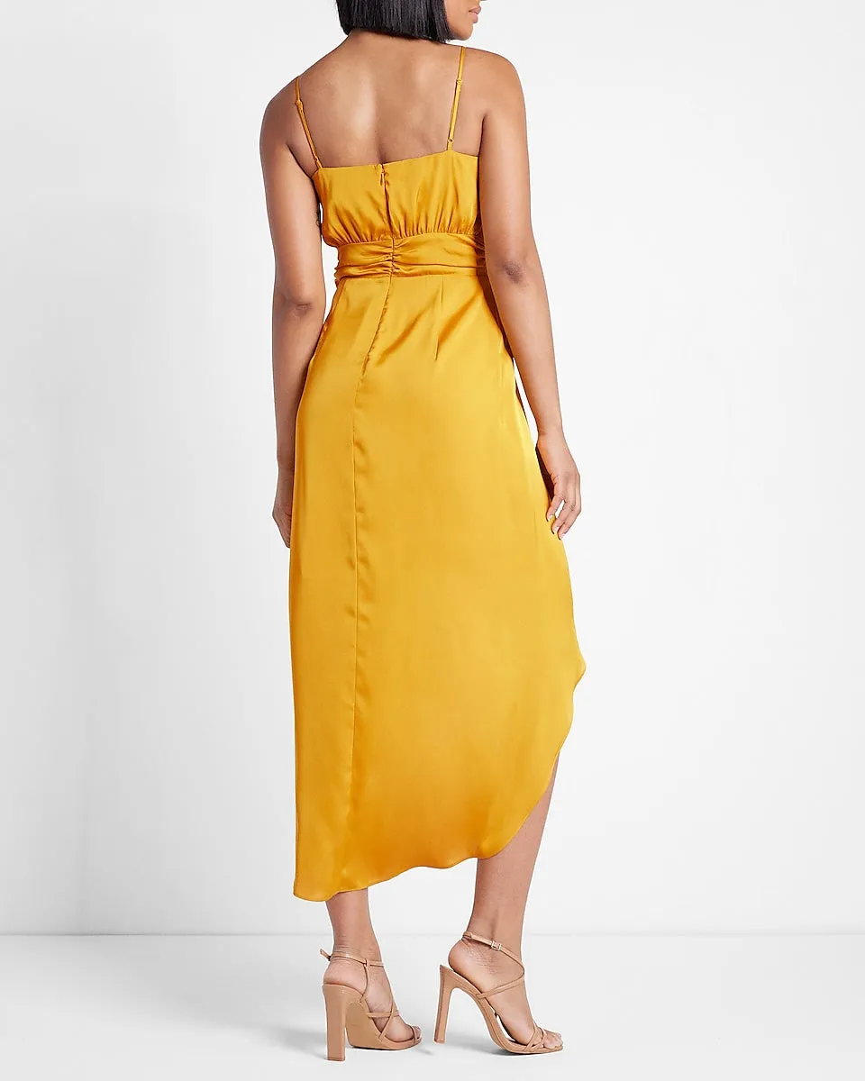 Satin Belted Hi-Lo Maxi Dress in Golden Yellow