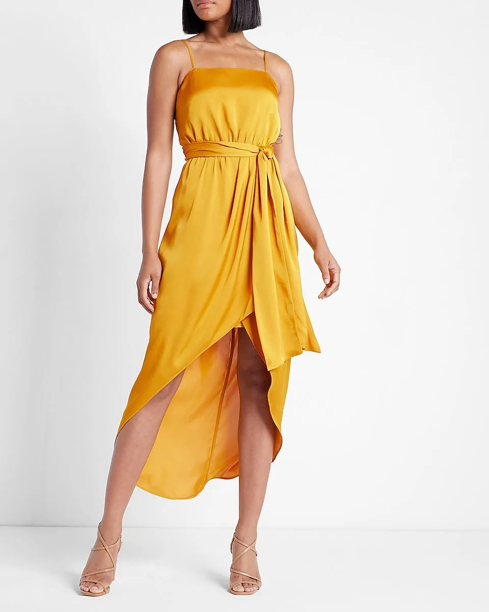 Satin Belted Hi-Lo Maxi Dress in Golden Yellow