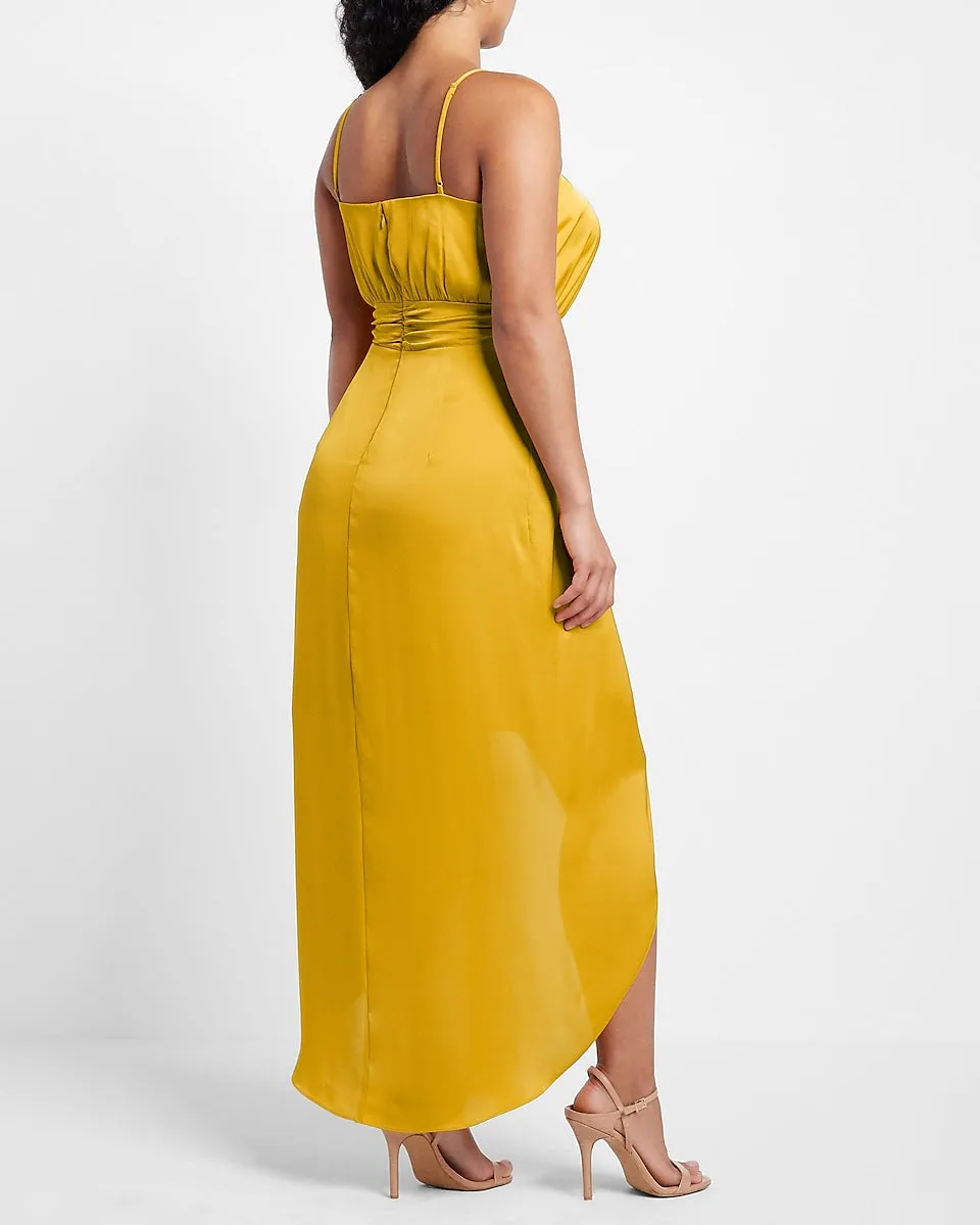 Satin Belted Hi-Lo Maxi Dress in Golden Yellow