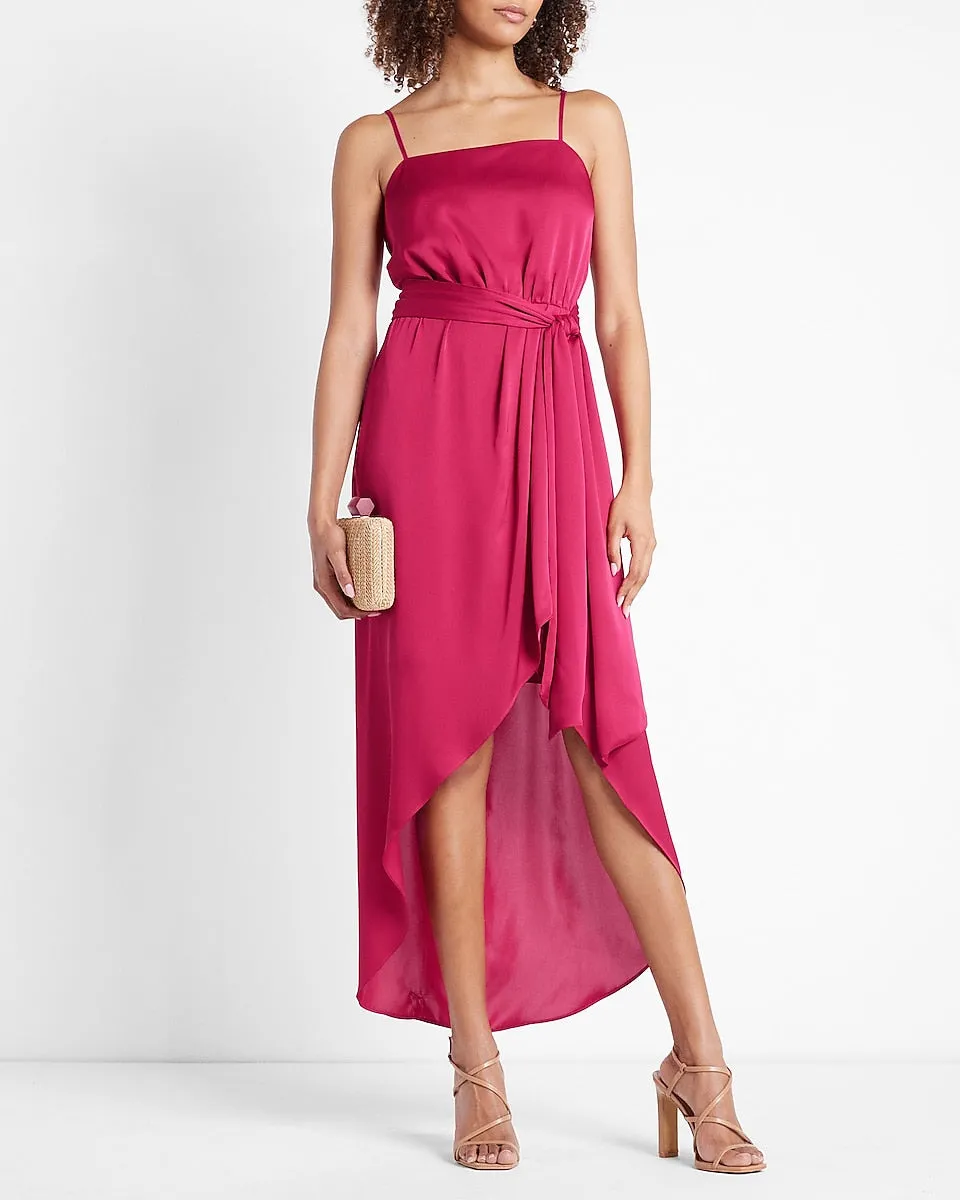 Satin Belted Hi-Lo Maxi Dress in Gorgeous Pink