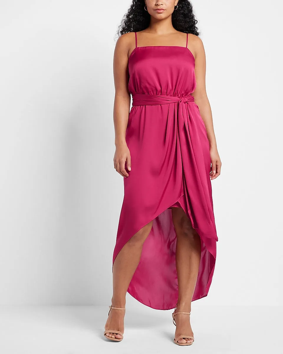 Satin Belted Hi-Lo Maxi Dress in Gorgeous Pink