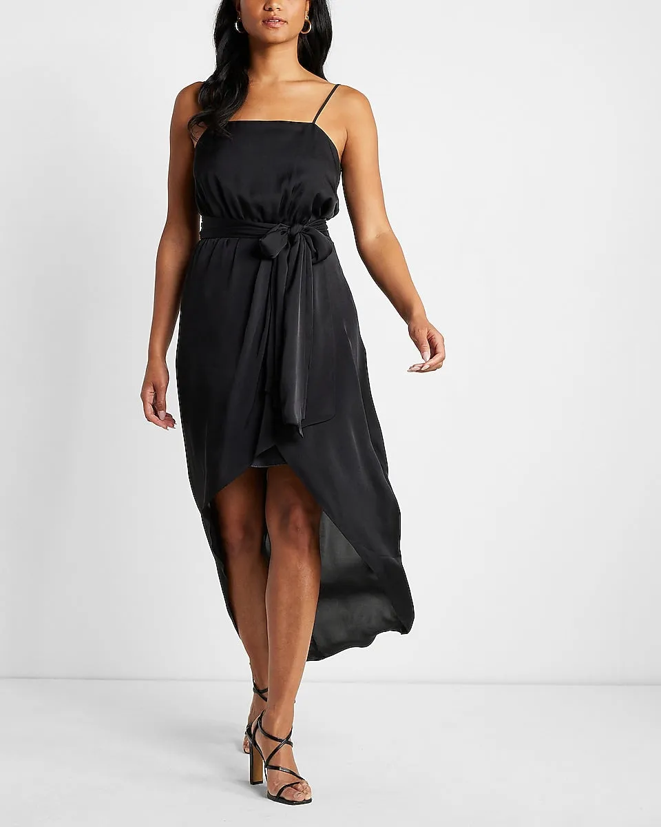 Satin Belted Hi-Lo Maxi Dress in Pitch Black