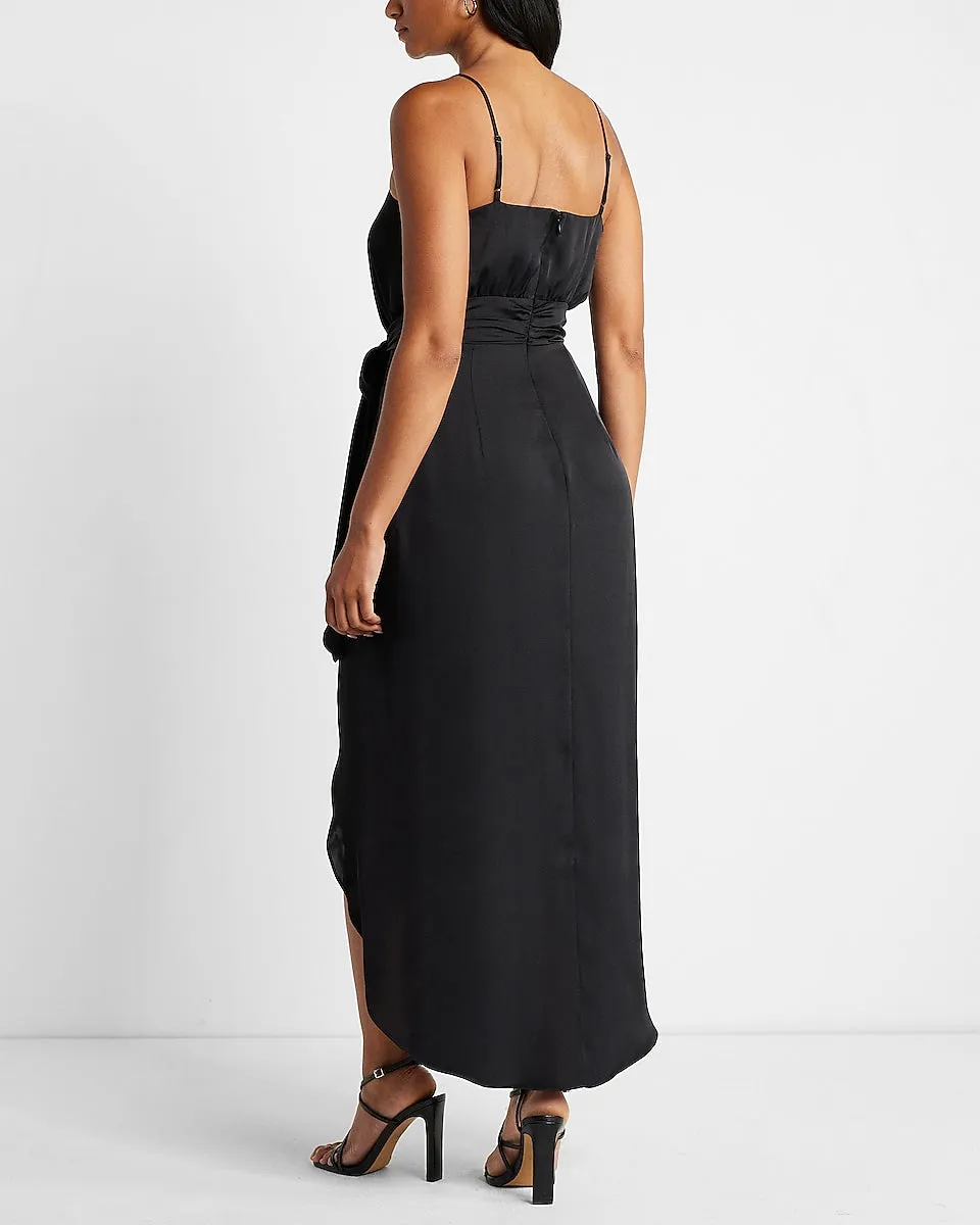 Satin Belted Hi-Lo Maxi Dress in Pitch Black