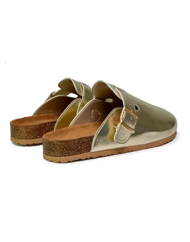 Savannah Closed Toe Slip On Buckle Flat Sandal Sliders in Gold