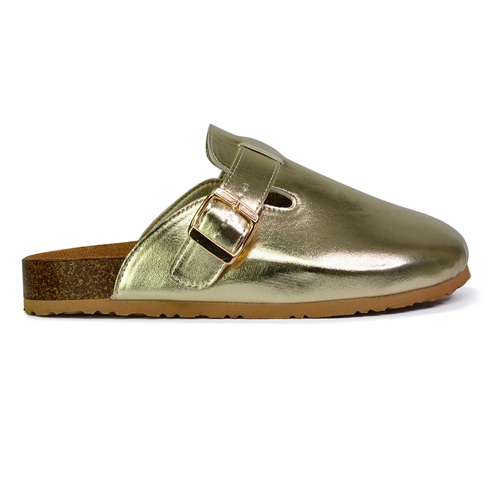 Savannah Closed Toe Slip On Buckle Flat Sandal Sliders in Gold