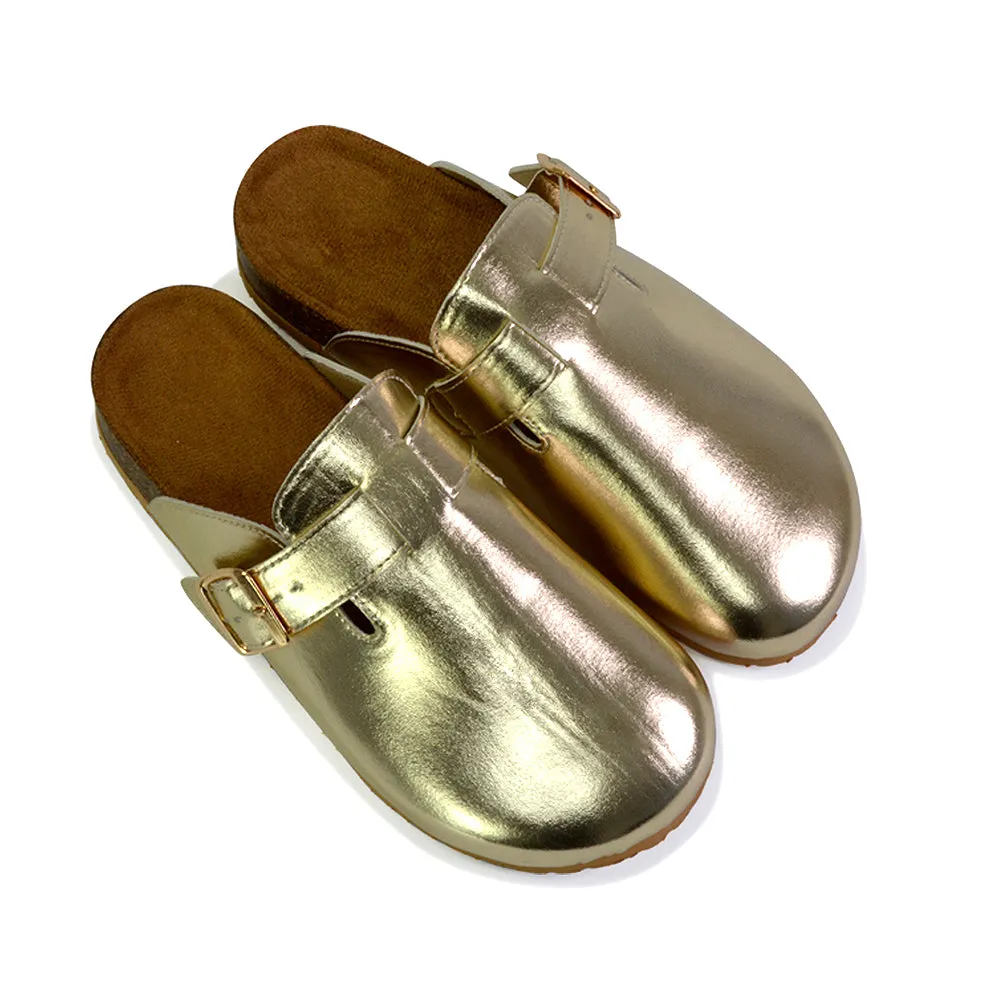 Savannah Closed Toe Slip On Buckle Flat Sandal Sliders in Gold