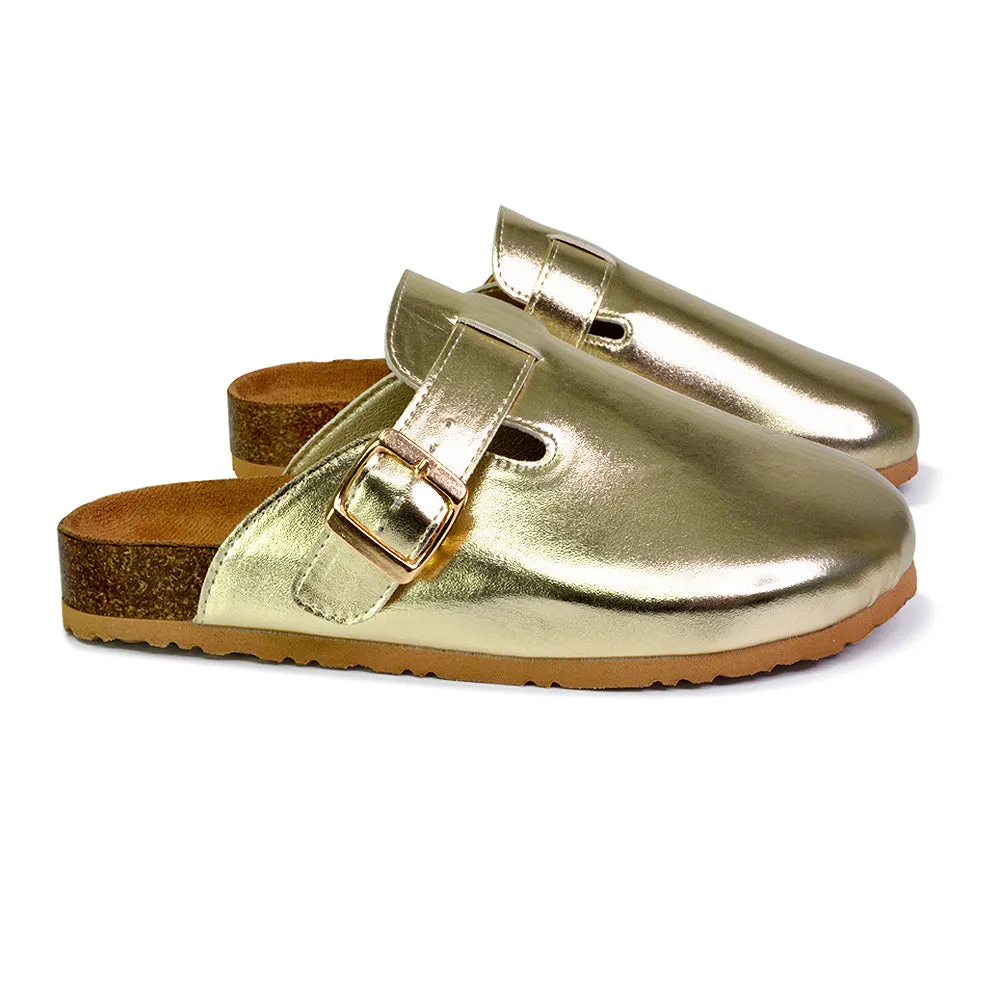 Savannah Closed Toe Slip On Buckle Flat Sandal Sliders in Gold