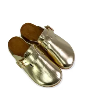 Savannah Closed Toe Slip On Buckle Flat Sandal Sliders in Gold