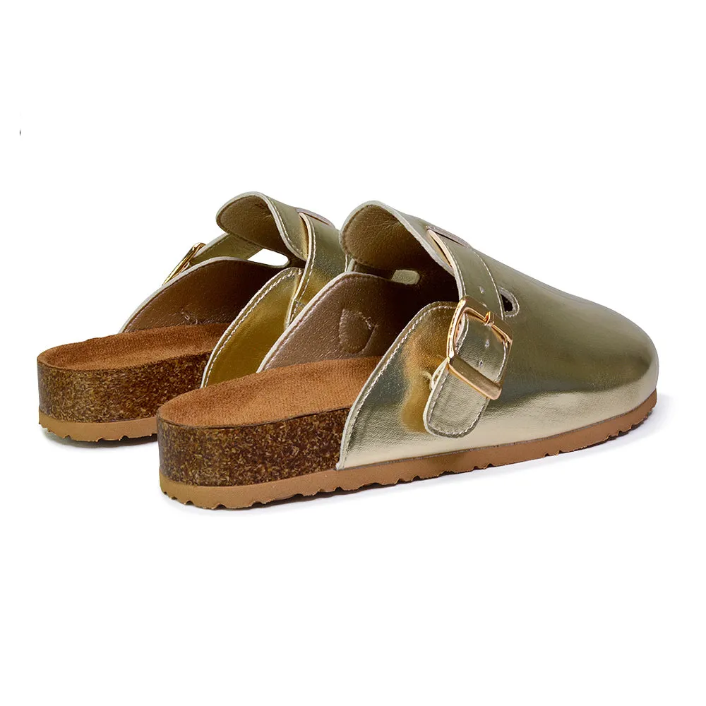 Savannah Closed Toe Slip On Buckle Flat Sandal Sliders in Gold