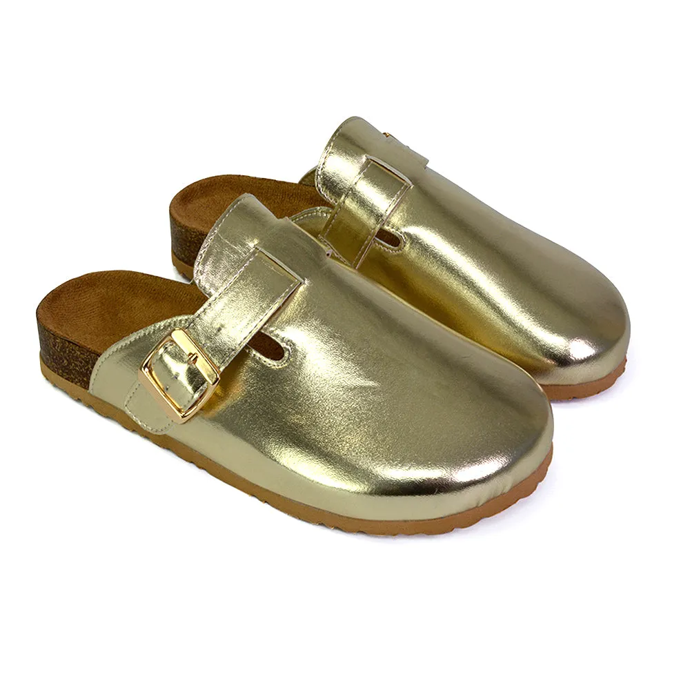 Savannah Closed Toe Slip On Buckle Flat Sandal Sliders in Gold