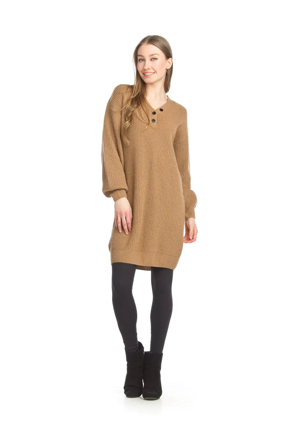 SD15408 TAUPE Knit Henley Wool Blend Sweater Dress