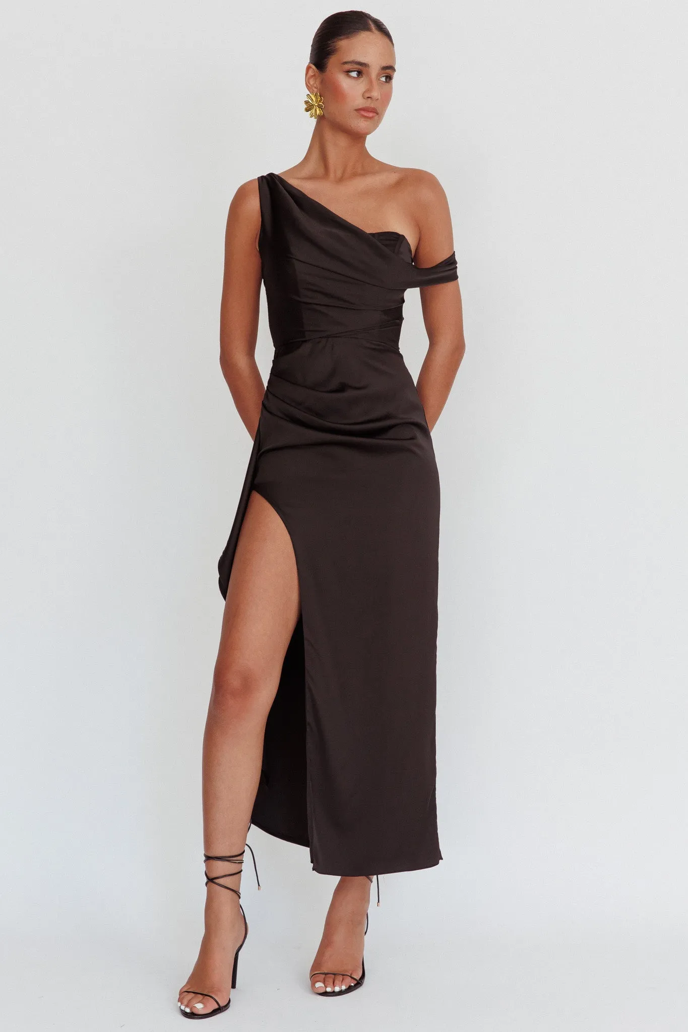 Sensations Off Shoulder Satin Maxi Dress Black