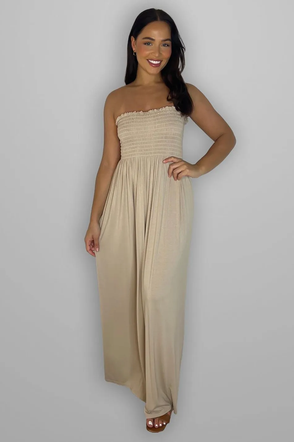 Shirred Strapless Maxi Dress