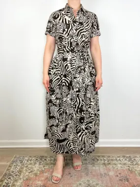 Short Sleeved Classic Shirtwaist Maxi Dress in Brown/Cream Zebra Poplin