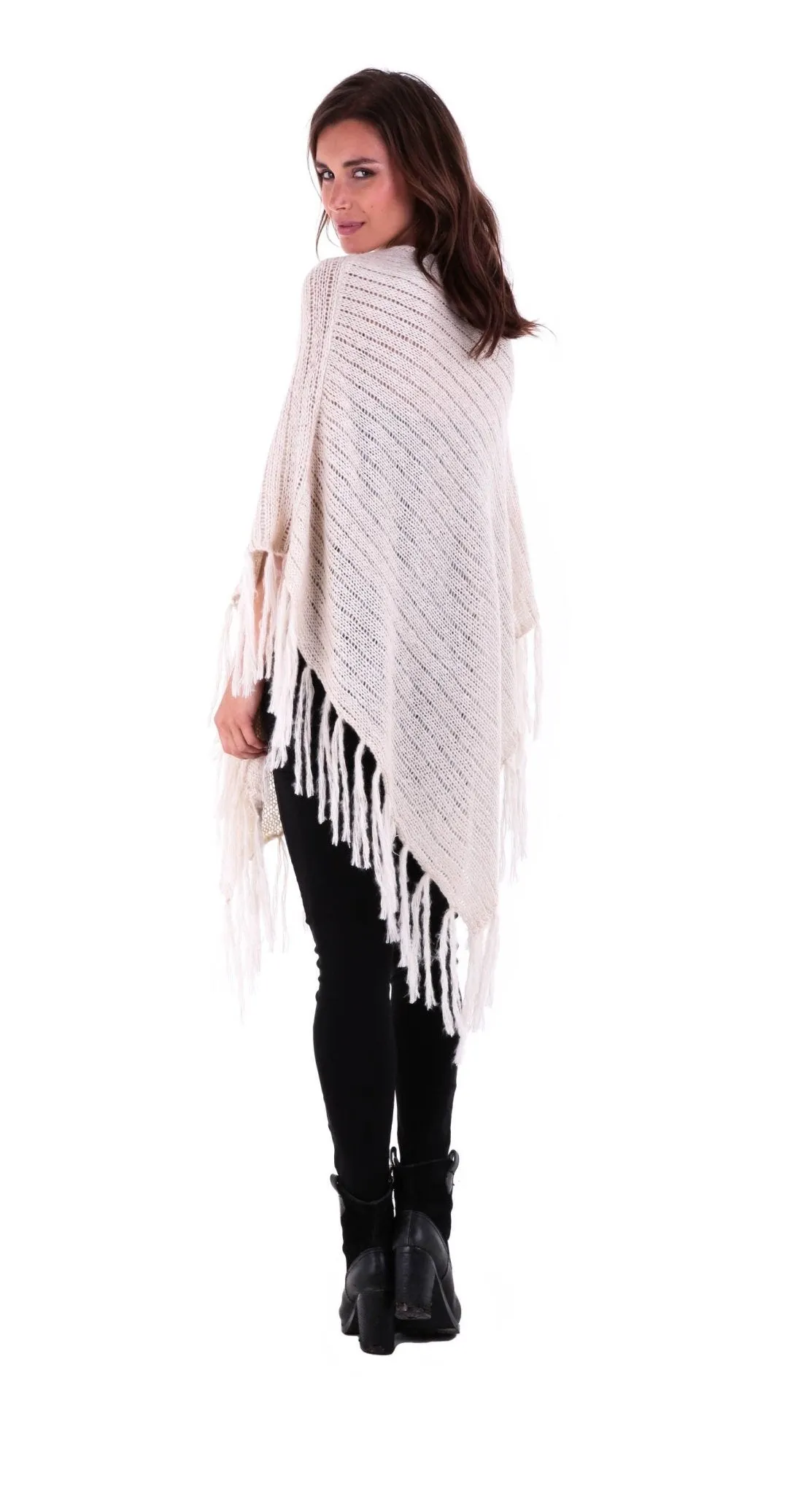 SHU-SHI Women's Cable Knit Poncho Sweater Cape | Boho Casual Soft Pullover with Fringe