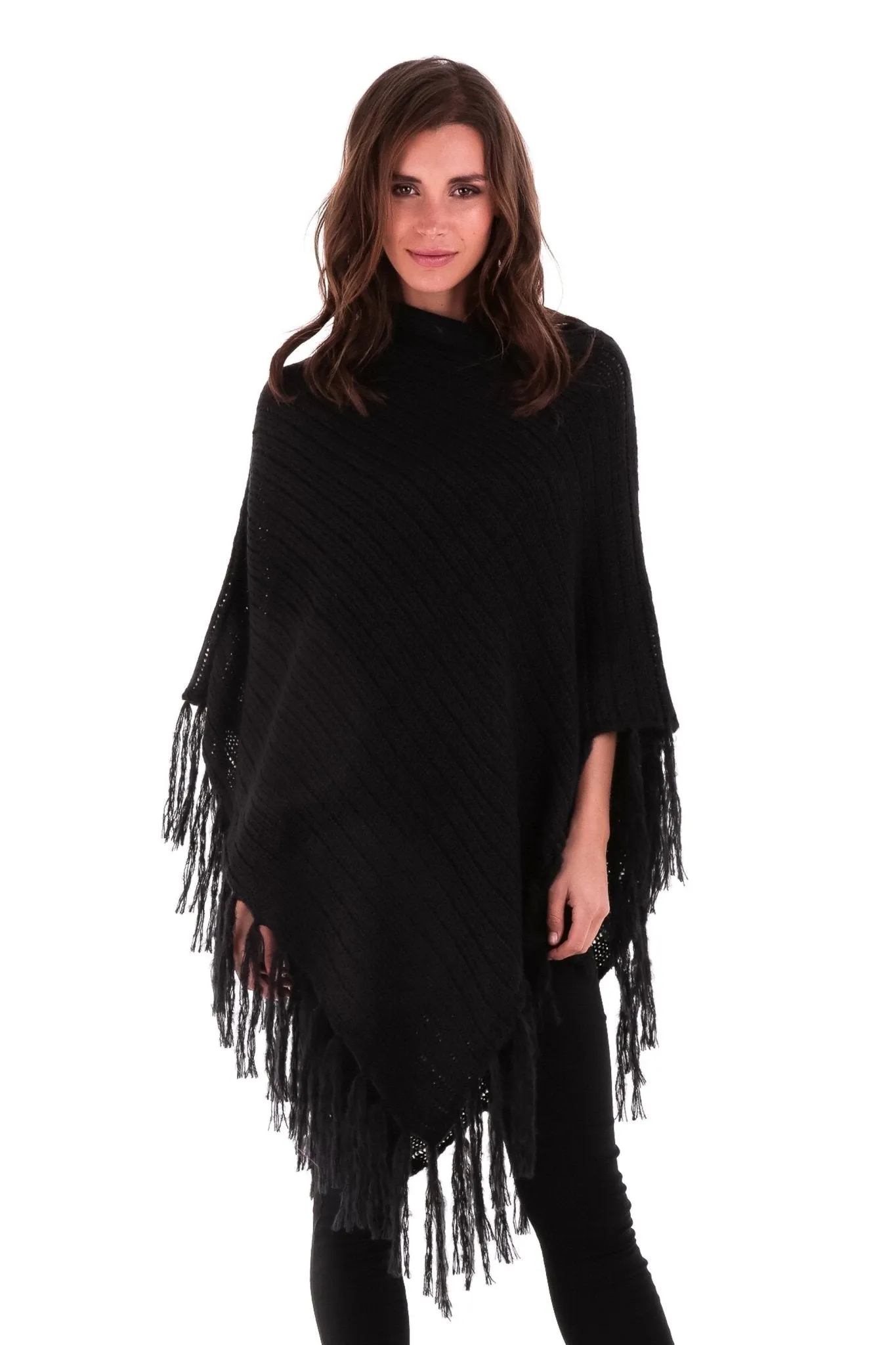 SHU-SHI Women's Cable Knit Poncho Sweater Cape | Boho Casual Soft Pullover with Fringe