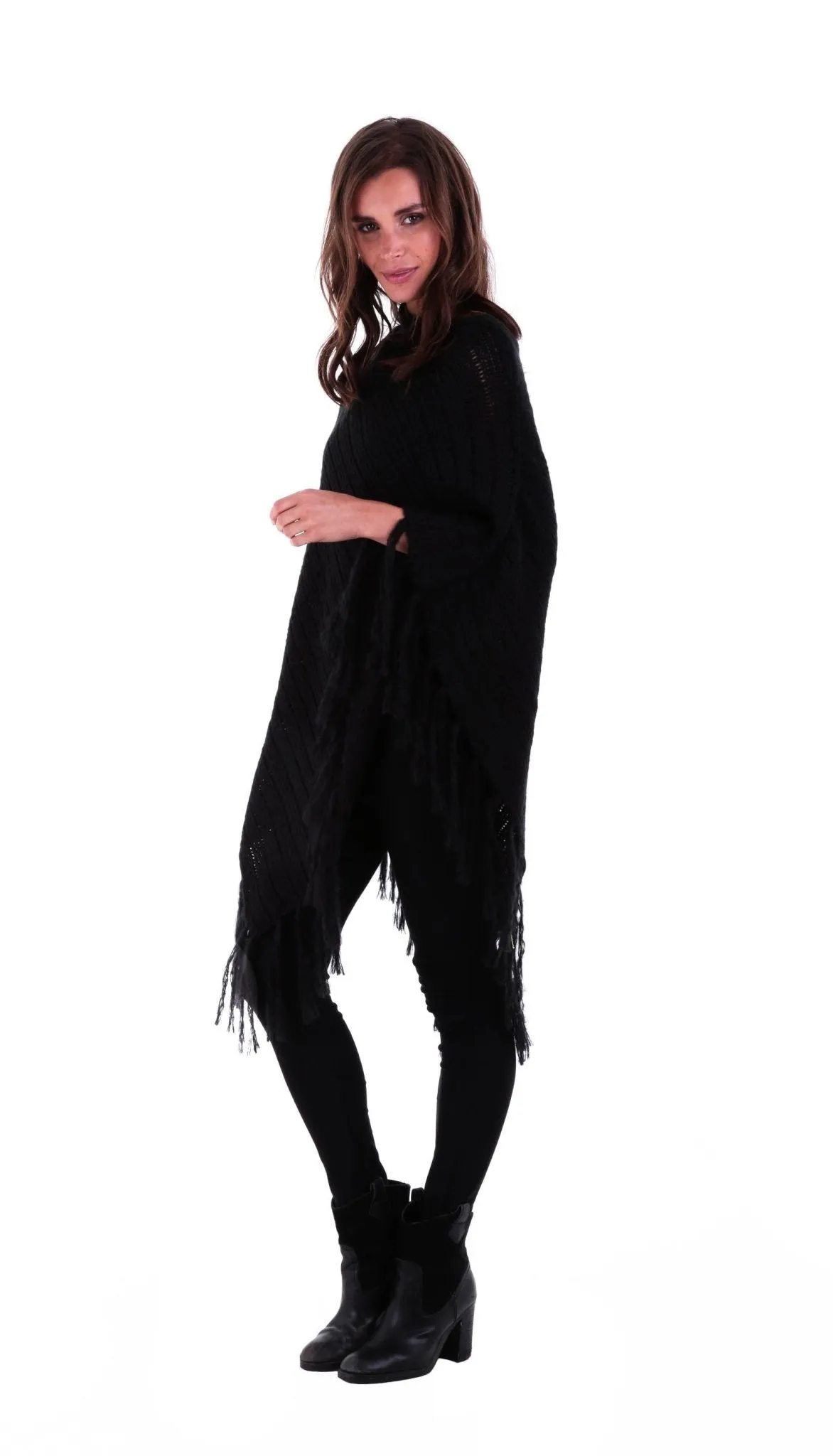 SHU-SHI Women's Cable Knit Poncho Sweater Cape | Boho Casual Soft Pullover with Fringe