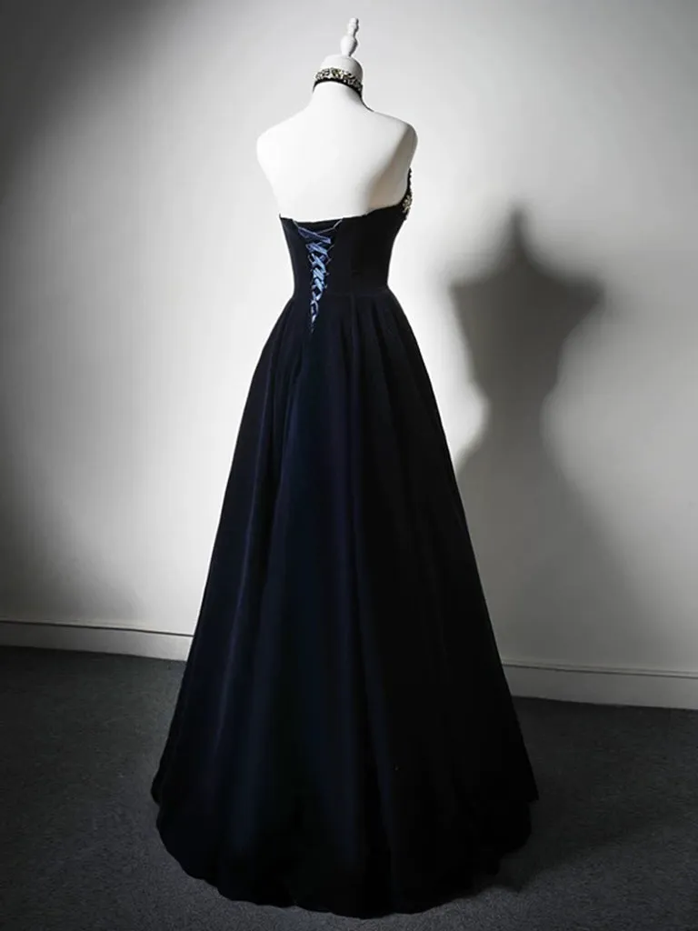 Simple A-Line Velvet Dark Blue Long Prom Dress with Beads