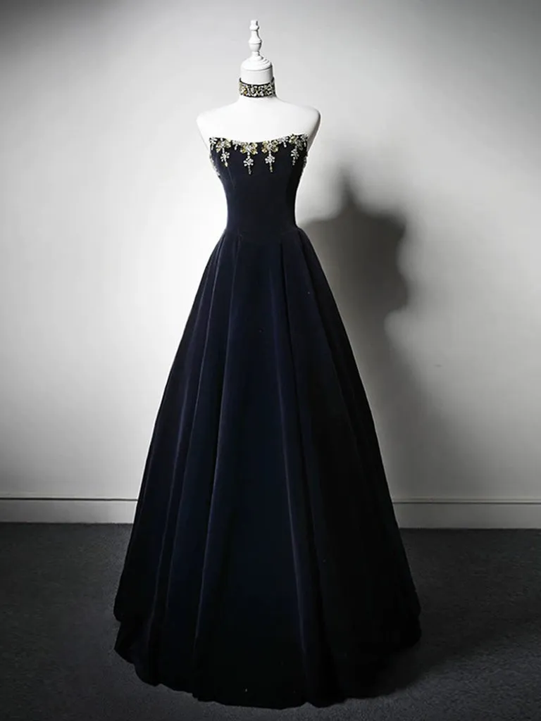 Simple A-Line Velvet Dark Blue Long Prom Dress with Beads