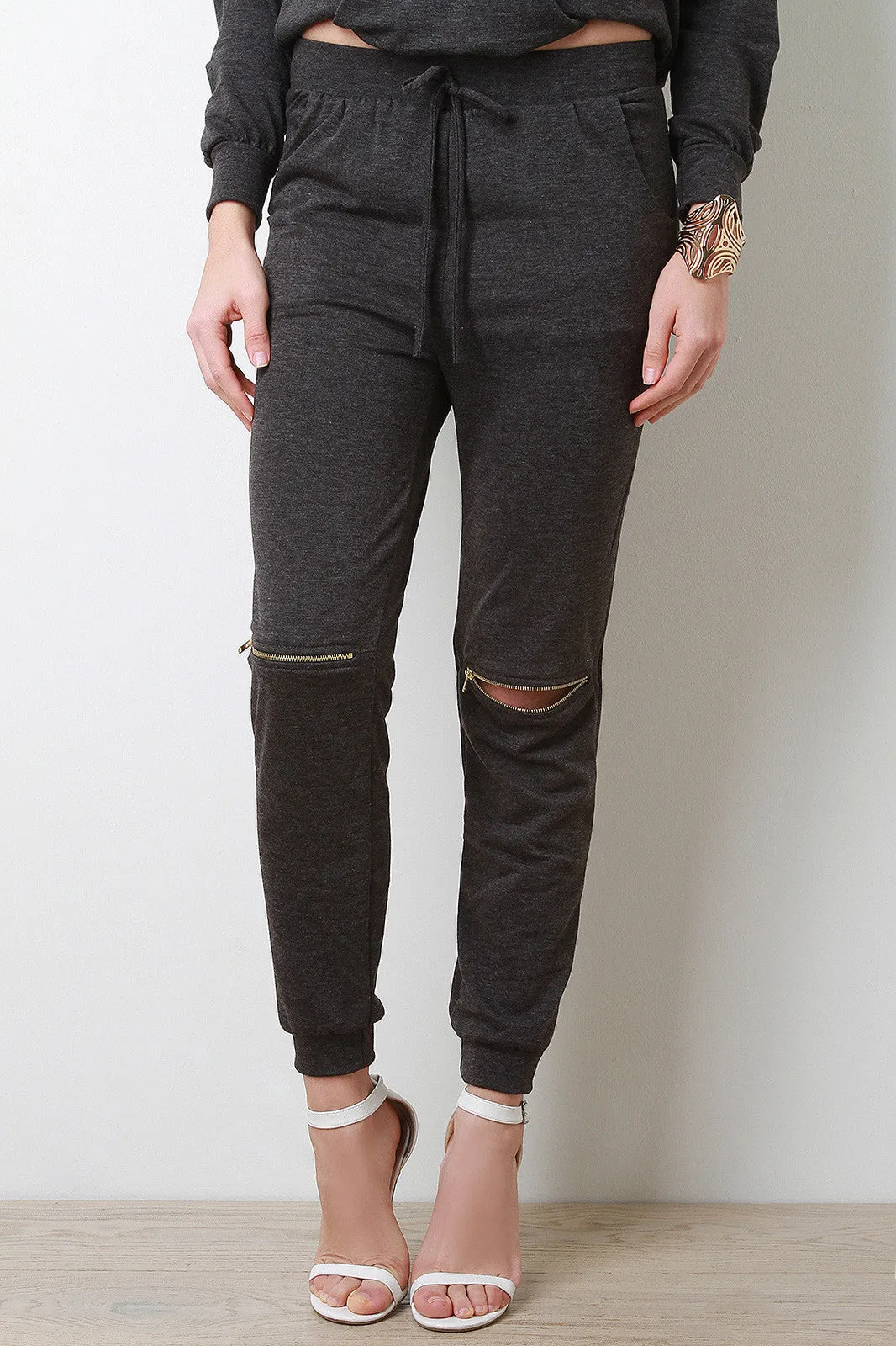 Slit Zipper Trim Jersey Knit Jogger Pants