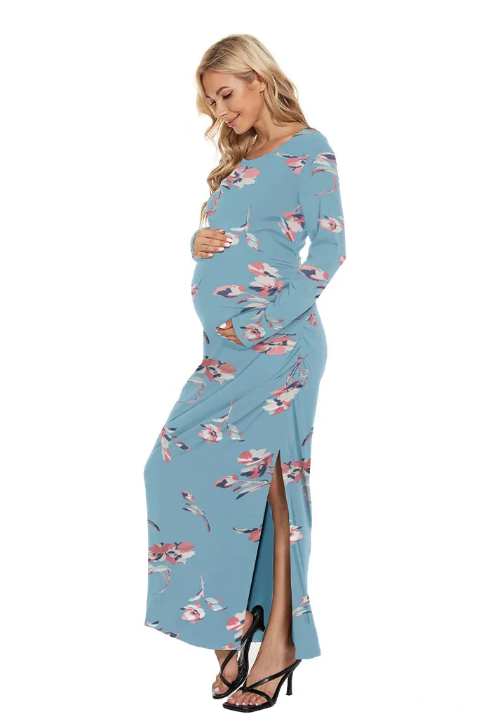 Smallshow Long Sleeve Floral Maternity Maxi Dress