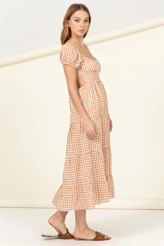 Somewhere to Go Tie-Back Gingham Print Maxi Dress