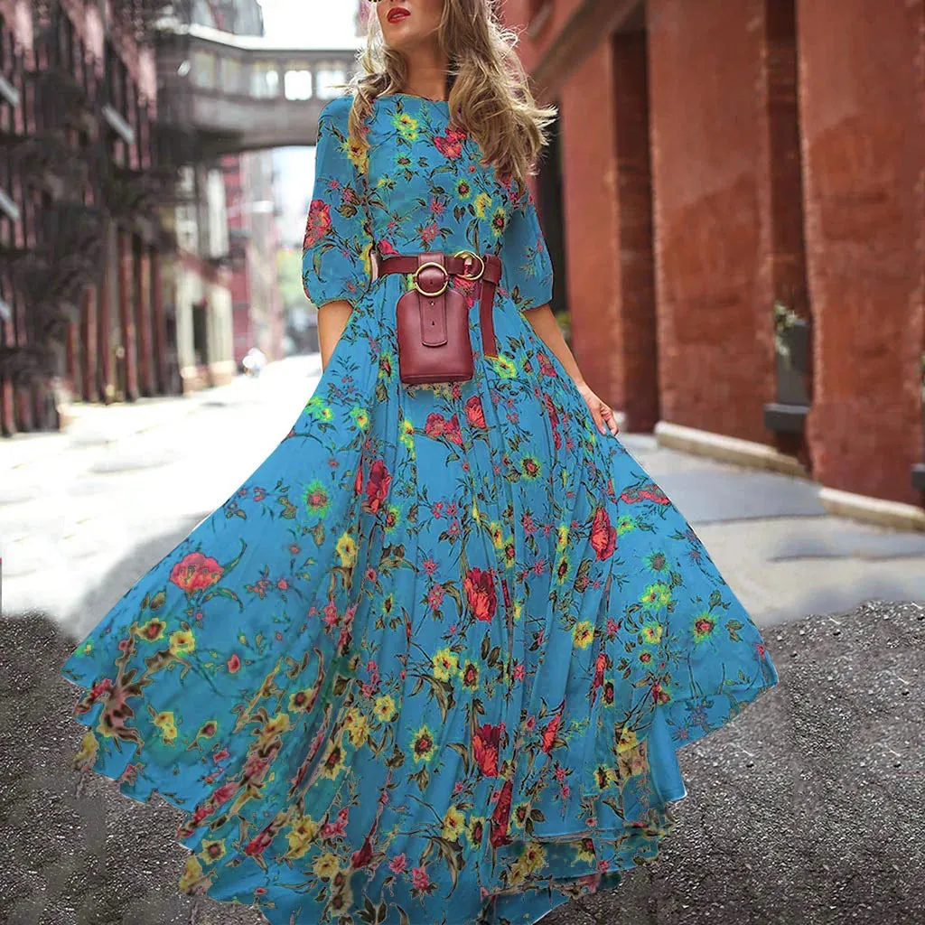 Spring Summer Vintage Flower Floral Print Maxi Dress Office Lady Fashion Elegant Long Sleeve O-neck Dresses For Women 2023