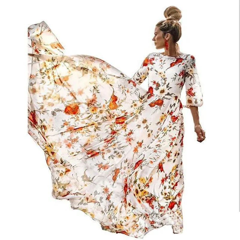 Spring Summer Vintage Flower Floral Print Maxi Dress Office Lady Fashion Elegant Long Sleeve O-neck Dresses For Women 2023