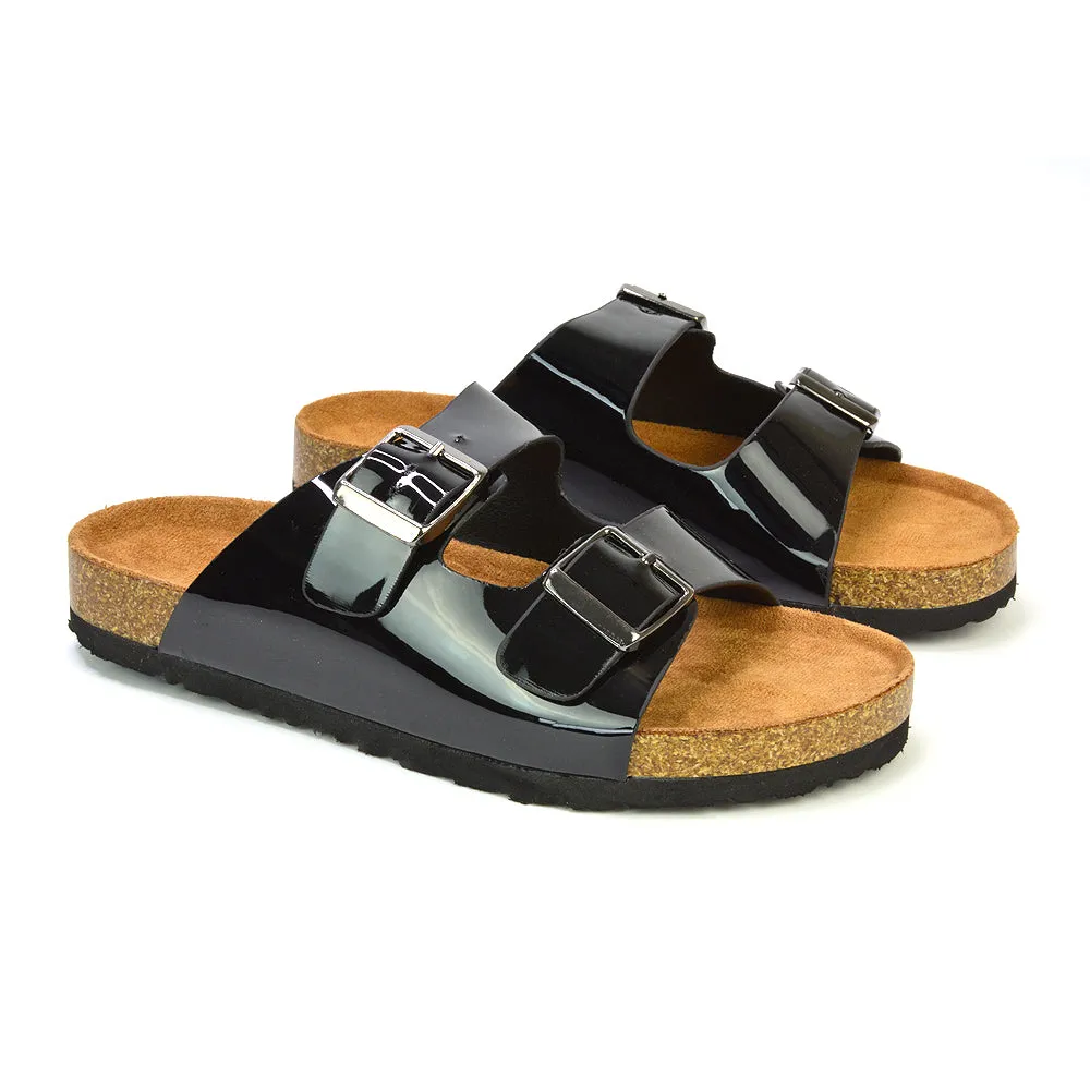 Star Double Buckle Strap Flat Slider Casual Footbed Summer Mule Sandals in Black