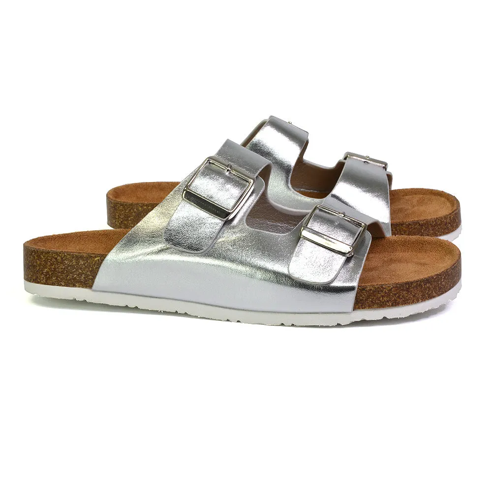 Star Double Buckle Strap Flat Slider Casual Footbed Summer Mule Sandals in Black