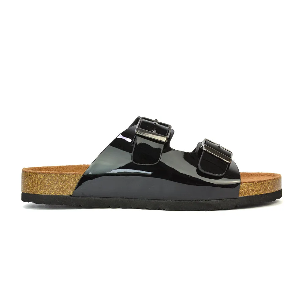 Star Double Buckle Strap Flat Slider Casual Footbed Summer Mule Sandals in Black