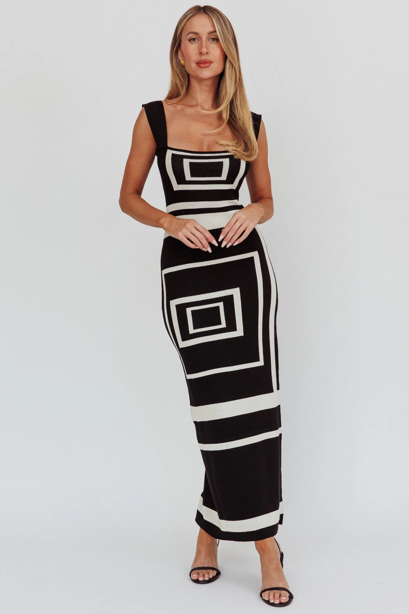 Stargazing Square Print Knit Maxi Dress Black