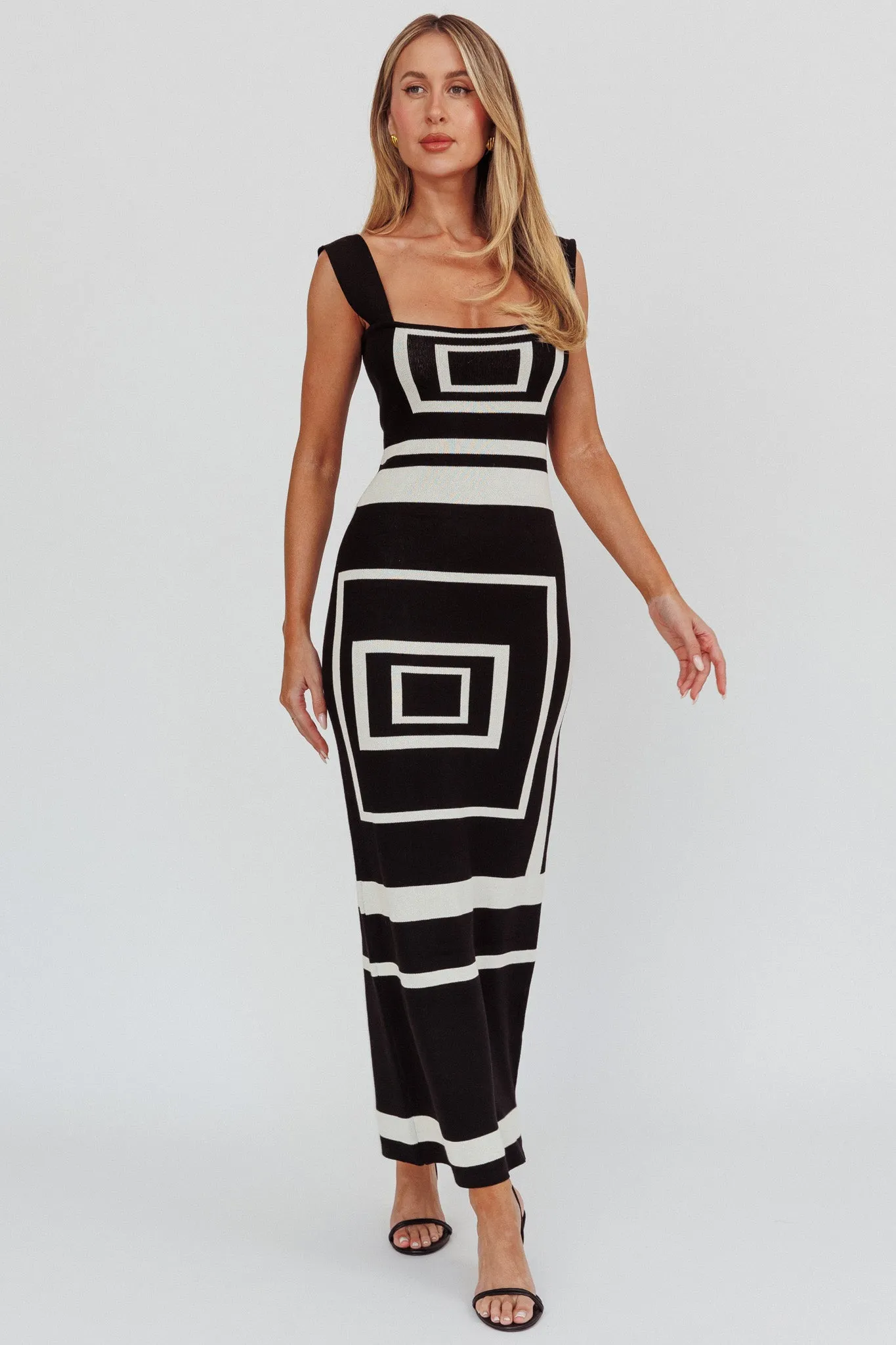 Stargazing Square Print Knit Maxi Dress Black